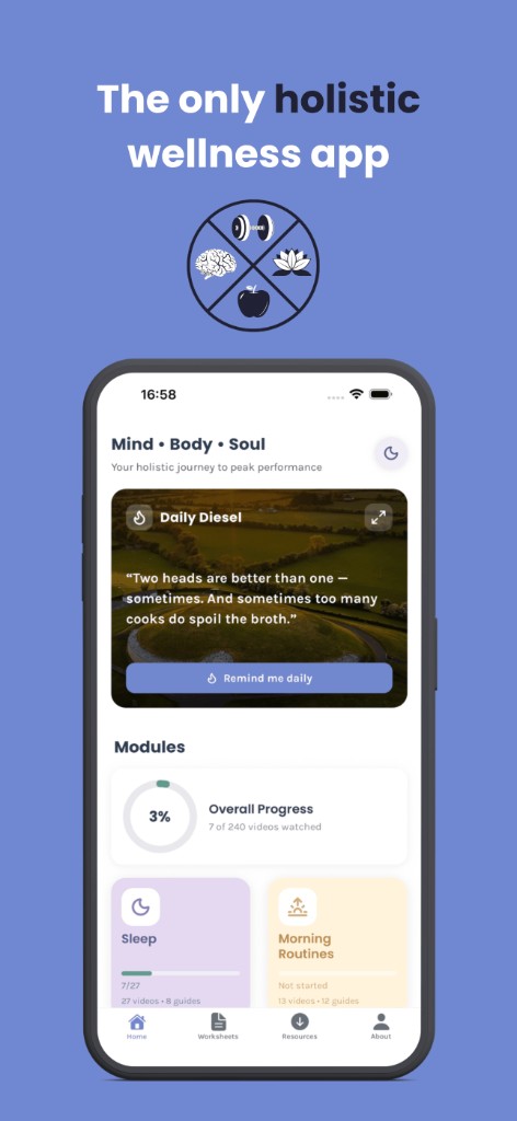 Daily Diesel home screen showing Mind, Body, Soul modules and daily motivation